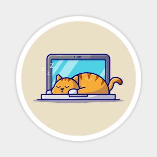 Cute Cat Sleeping On Laptop With Coffee Cup Cartoon Vector Icon Illustration (2) Magnet